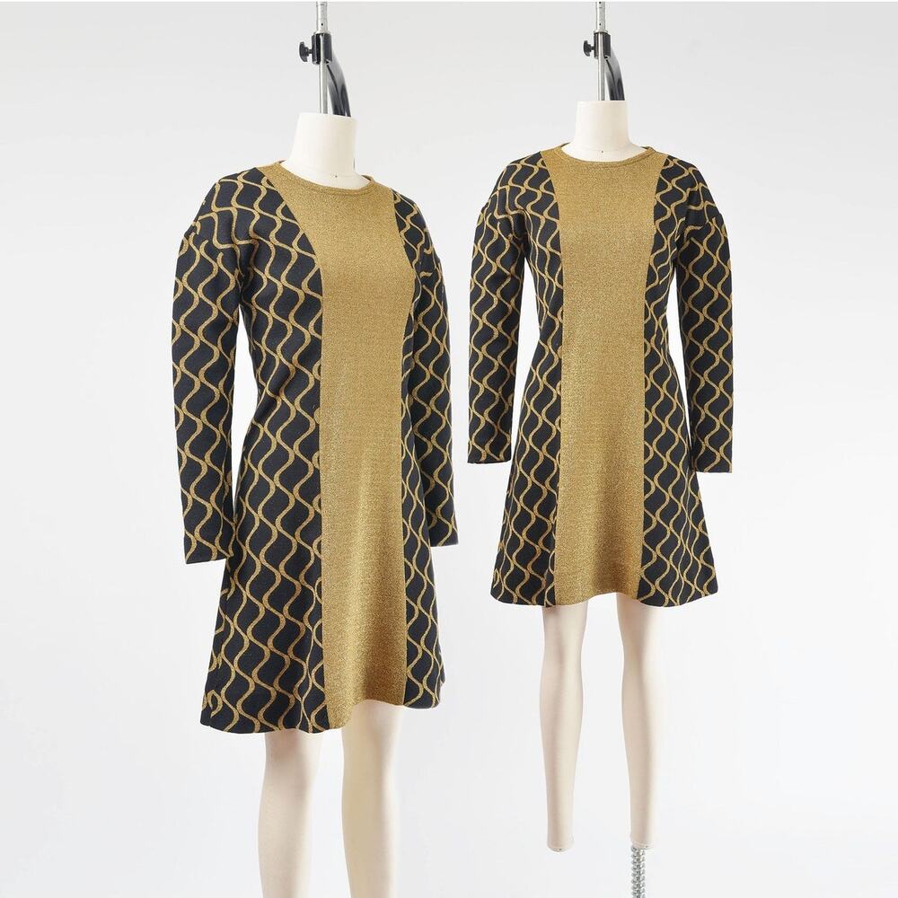 Vintage 60s Rudi Gernreich Metallic Gold and Black Lurex Knit Shift Dress XS S